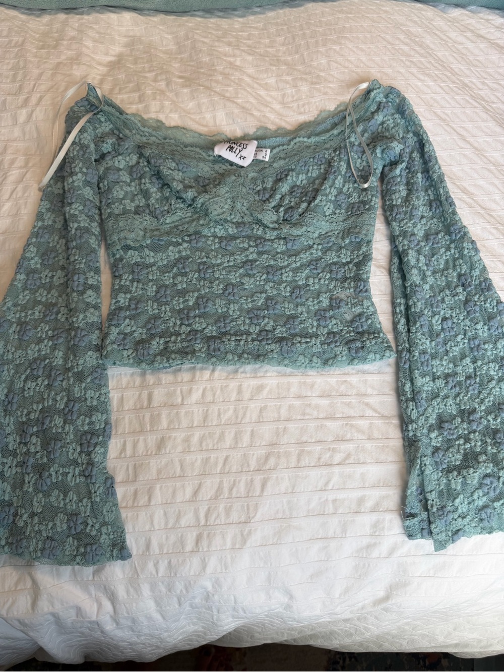 Princess Polly Sage Green Floral Lace Off-Shoulder Crop Top
